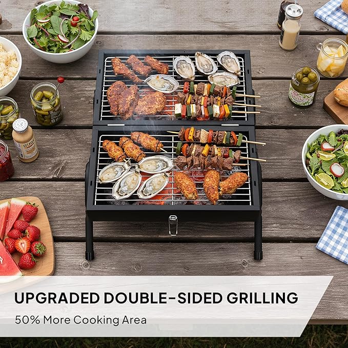 Outvita Portable Charcoal Grill with Thermometer Dual-Sided Small Tabletop Barbecue Grill for Outdoor Camping BBQ Cooking Backyard Party Heavy Duty Easy Assembly (Black)