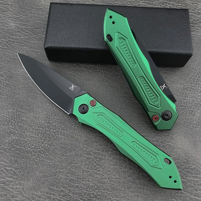 EDC Folding Pocket Knife For Men Button Lock Knife 3.35in 9Cr18MoV Steel Blade Green Aluminum Handle with Pocket Clip Sharp Camping Hiking Knives (green)