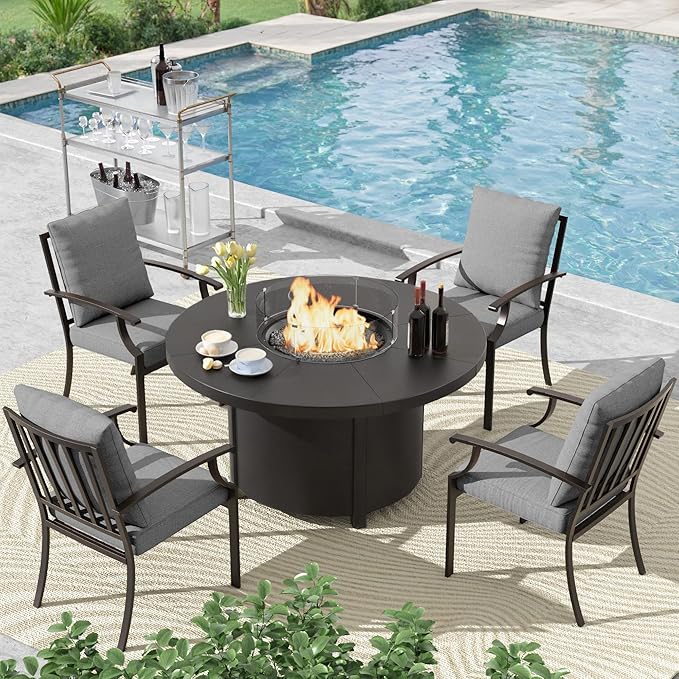 5 Pcs Metal Outdoor Patio Furniture Set with 48/55000 BTU Outdoor Round Propane Fire Pit TablePatio Conversation Sets 4 Fixed Chairs No-Slip Cushions and Waterproof CoversGrey