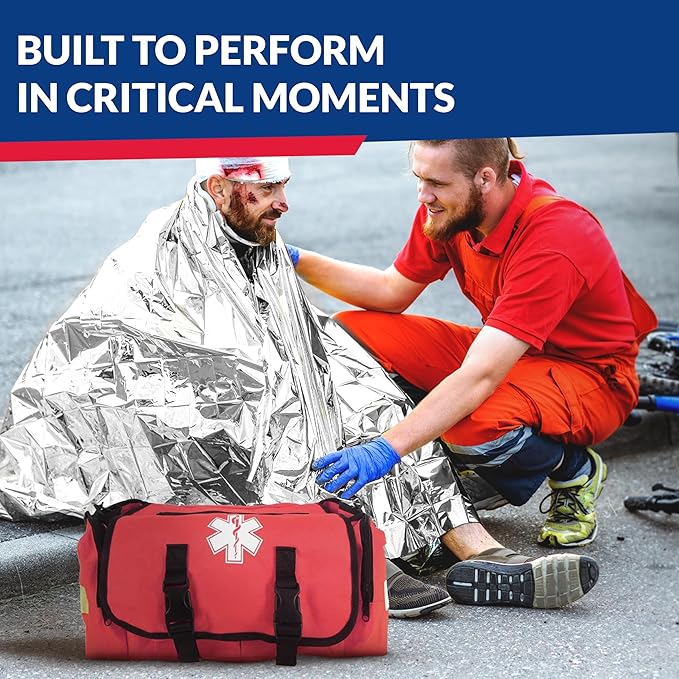First Responder Trauma First Aid Kit Bag – Fully Stocked Emergency Medical Kit for Workplace Vehicle &amp Home – OSHA &amp ANSI Compliant – Portable – Red