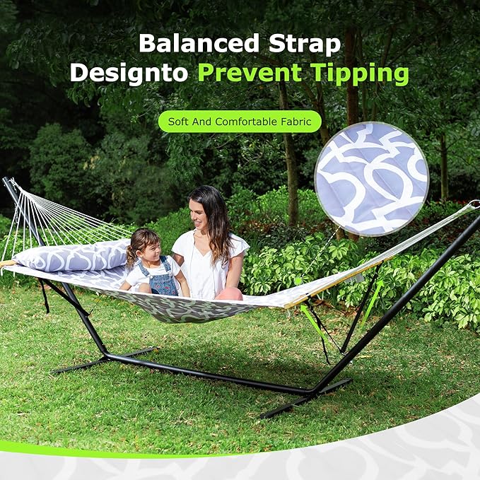 ANAGOO Double Hammock with Stand Heavy Duty Outdoor Hammock for Two 500 LBS Capacity Stable Steel Frame with Balance Strap Easy Tool-Free Assembly for Patio Garden Backyard &amp BeachWhite Gre
