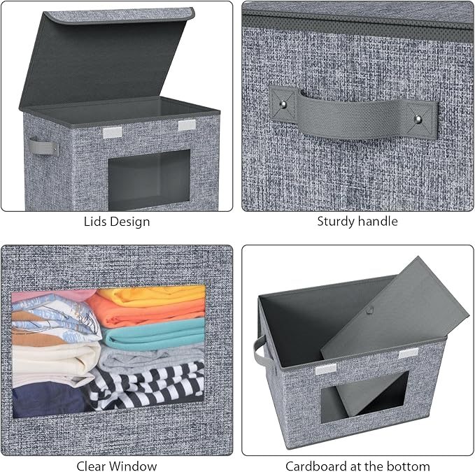 Univivi Fabric Foldable Storage Boxes [4-Pack] Large Collapsible Stackable Storage Bins with Lids Closet Organizers and Storage Cube Basket for Home Office Bedroom (Grey 17'' x 12'' x 12)