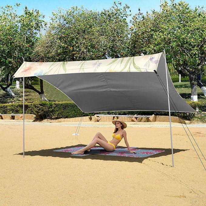 Wildflowers Beach Canopy Sun Shelter with Sandbags &amp Sand Shovel &amp Windproof Ropes - Portable 110x126 Beach Shade Beach Tent for Camping Picnics
