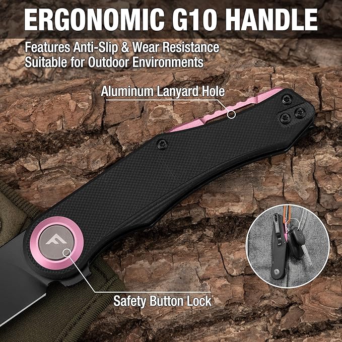 FLISSA Button Lock Folding Knife 3.1 D2 Steel Blade EDC Pocket Knife with G10 Handle Flipper Belt Clip Bearings for Outdoor Camping Hiking Fishing Hunting Gift for Men &amp Women (Purple)