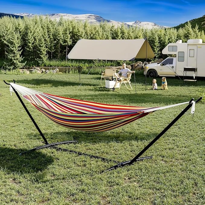 TrailBlaze Double Person Heavy Duty Hammock with Space-Saving Steel Stand 450lb Capacity Portable Carrying Case Premium Balance Beams Indoor/Outdoor Use - Yellow Rainbow Stripes