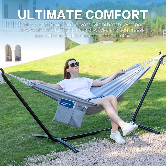 PNAEUT Double Hammocks with Stand for Outside Portable Space Saving Heavy-Duty Steel Stand for Indoor Outdoor Patio with Carrying Bag 450 lbs Capacity (Gray)