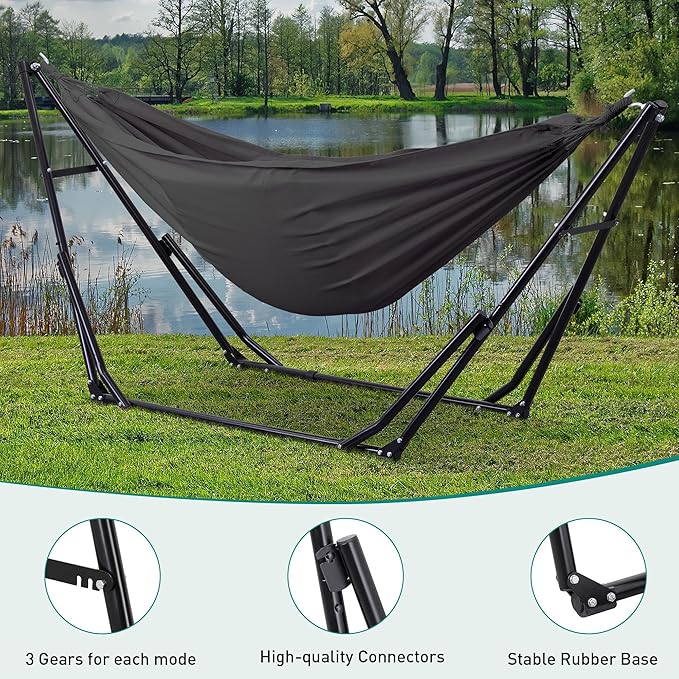 Ainfox Hammock with Foldable Stand 2 in 1 Hammock and Swinging Chair with Carrying Bag Portable Camping Chair Suitable for Outside SwingPatioGardenCamping Trip Grey