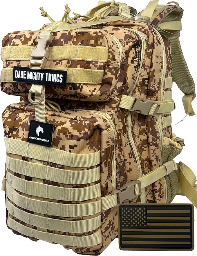 AMERICANPHOENIX 45L Elite Tactical Backpack | 3X Stronger Work &amp Military Backpack | Water Resistant and Heavy Duty | 3 Day MOLLE Bug Out Bag (Sand Storm)