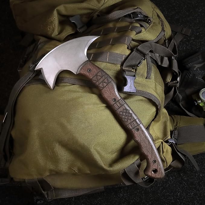 AncientSmithy Tomahawk Axe - Handmade Tactical Tomahawk Hatchet - Full Tang Combat Axe for Military Camping and Outdoor Activities (Three Spikes Oak Handle Kydex Sheath)