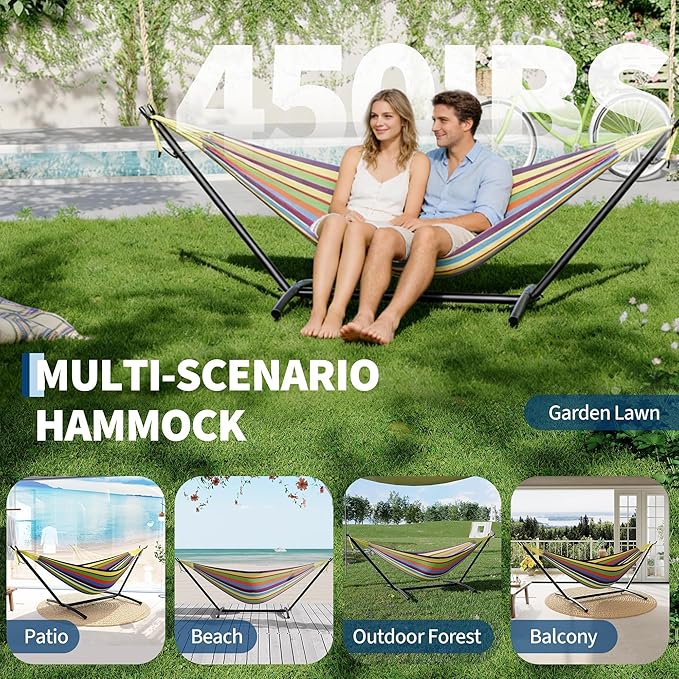 Double Hammock with Stand 2 Person Heavy Duty Outdoor Hammock – 450IB Capacity Portable Hammock with 9FT Steel Stand &amp Carrying Case Adjustable Hammock Bed for BackyardCampingBeachYellow