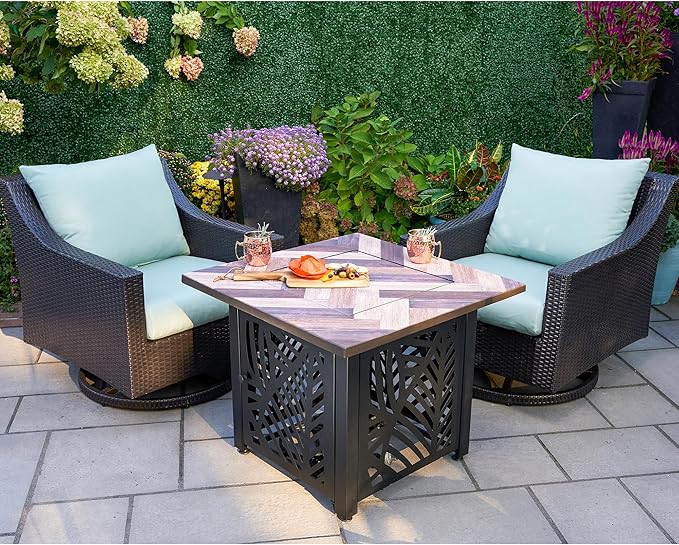 Endless Summer Darby 30 Inch Square Outdoor UV Printed 50000 BTU LP Gas Fire Pit Table with Faux Wood Mantel and Stamped Steel Base