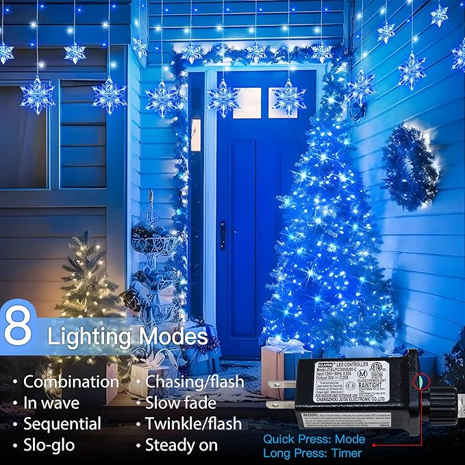Snowflake Icicle Lights Outdoor 8.2ft 144 LED Connectable Xmas Hanging String Light Plug in Christmas Snowflake Lights for House Eaves Window Roof Yard Fence Decor White and Blue