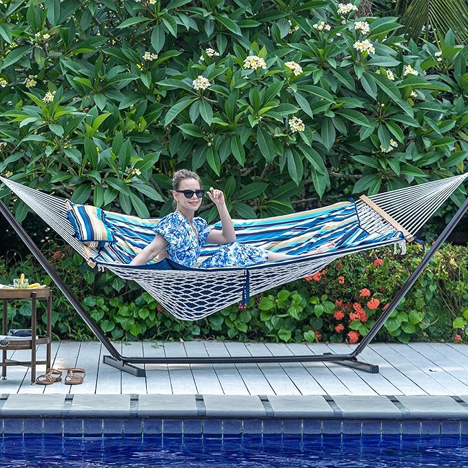 Lazy Daze Hammocks 2 Person Portable Hammock with 12FT Stand Double Hand Woven Cotton Rope Hammock with Detachable Quilted Pad &amp Pillow for Outside 450lb Capacity Beach Stripes