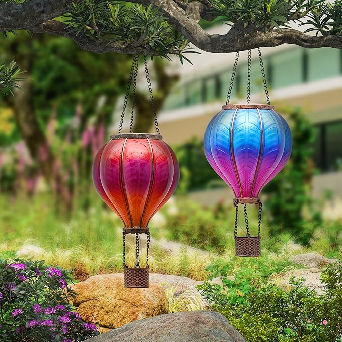 TERESA'S COLLECTIONS 2 Pcs Hot Air Balloon Solar Lantern Outdoor Garden Decor Waterproof Hanging Solar Lantern with Flickering Flame Light for Yard TreeGift for Mom Lovers18