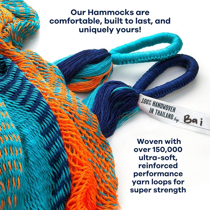 Handwoven Hammock by Yellow Leaf Hammocks - Family Size Fits 2+ PPL 550lb max - Weathersafe Super Strong Easy to Hang Ultra Soft Artisan Made - Color: Blue - Orange