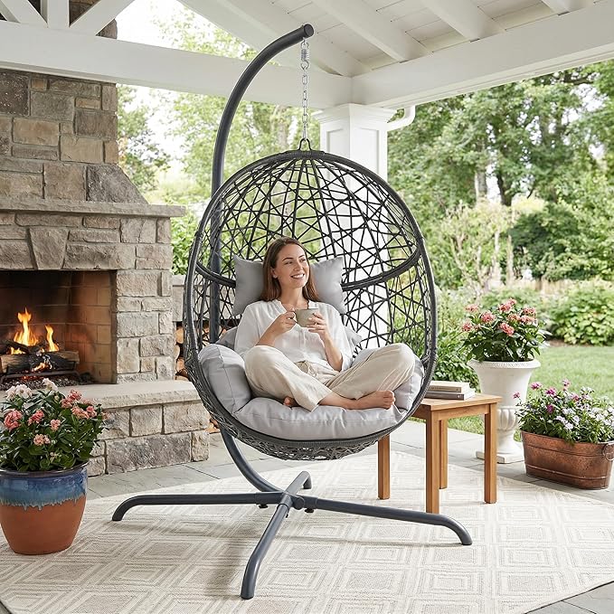 NICESOUL Egg Swing Chair Outdoor Indoor Boho Style Bird Nest Wicker Swinging Chair with Stand 350Lbs Comfy Hanging Hammock Chairs with Cushions All-Weather Egg-Shape Seat for Deck Garden Gray