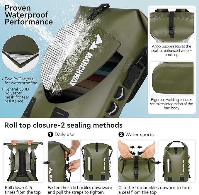 MARCHWAY Roll Top Waterproof Backpack Floating Dry Bag 20L/30L/45L with Ergonomic Rectangular Base Cushioned Back Hip Strap for Hiking Camping Kayaking Travel (Army Green 30L)