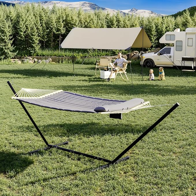 2 Person Hammock Set - Portable 500Lb Capacity for 2 Person w/Steel Frame V Spreader Bar &amp Carry Bag - Freestanding Indoor Outdoor Use (Dark Gray)