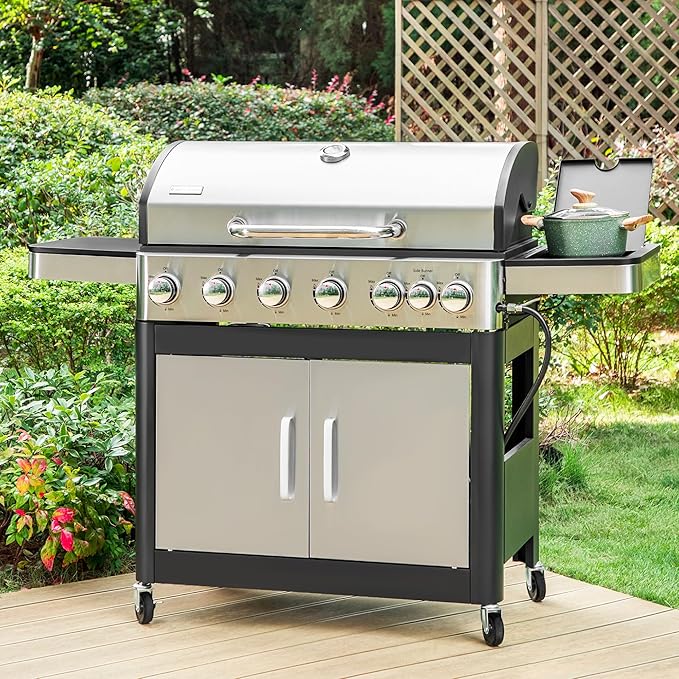 6 Burner Propane Gas BBQ Grill with Side Burner &amp Porcelain-Enameled Cast Iron Grate 65800 BTUs Barbecue Grill 665 Sq. In. Grilling Area Outdoor Propane Grill for Camping Patio Backyard Cooking