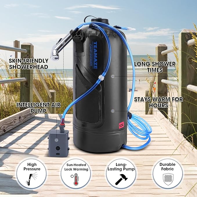 Teamaze Portable Shower12L/3.2 Gal Solar Camping Shower Bag with Auto Pressure PumpPortable Outdoor Shower for CampingBeachHikingRVPet Bath