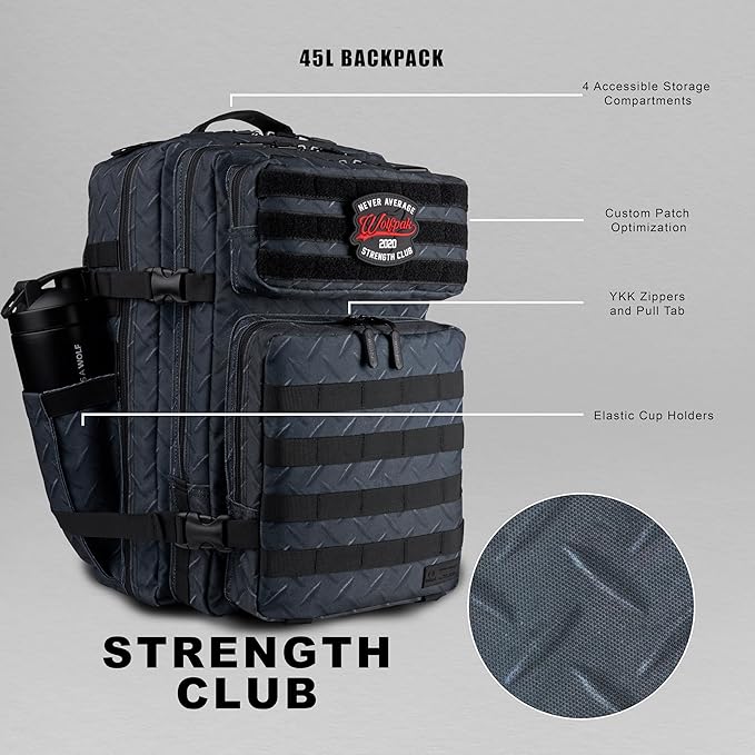 WOLFpak 45L Athletic Gym Backpack - Durable 1000D Waterproof Oxford Material with MOLLE Webbing Laptop Pocket &amp Dual Cup Holders Durable Fitness/Travel/Military Daypack (Strength Club)