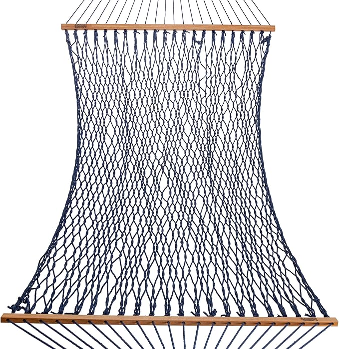 Hatteras Hammocks Large Navy DuraCord Rope Hammock – 13 ft. x 55 in. 2-Person 450 lb Capacity Cumaru Spreader Bar Zinc-Plated Hardware – Handcrafted in The USA
