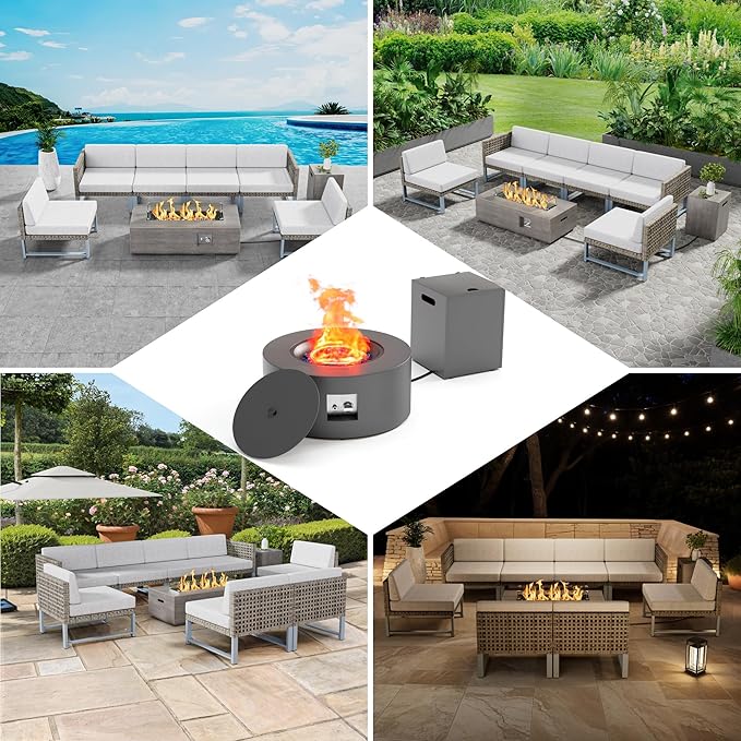 2-Piece 30 Round Propane Fire Pit for Outside Patio with Hidden Tank Table 50000 BTU Fireplaces with Lid Glass Rocks Cover(Dark Grey)
