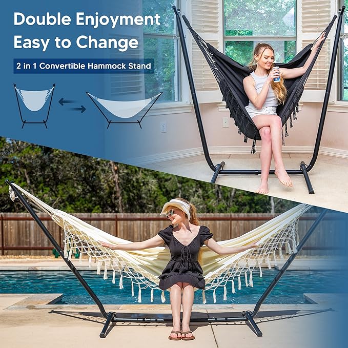 SUNCREAT 2-in-1 Convertible Portable Double Hammock with Stand Included Outdoor Hammock and Stand Patented Natural Tassel