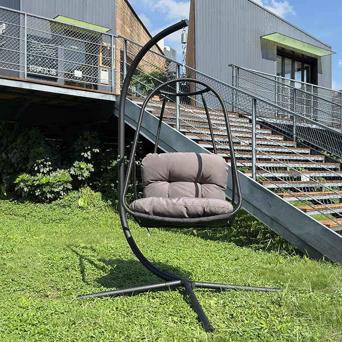 Swing Egg Chair with Stand for Indoor and Outdoor Use Wicker Rattan Patio Basket Hanging Chair with C-Type Bracket Includes Cushion and Pillow Foldable Design with Cup Holder