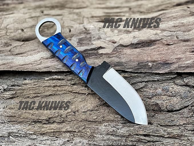 TAC KNIVES 7'' Full Tang Fixed Blade Outdoor Camping Hunting Knife In Sheath Gift For Him | 1095 High Carbon Steel Knife | SKINNER Gift | Cowboy knives | Pancake leather sheath (BLUE)