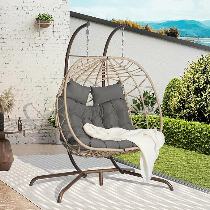 KEIKI Double Swing Egg Chair with Stand Patio Rattan Wicker Hammock Egg Chair with UV Cushion 2 Person Outdoor Indoor Hanging Basket Chair 600LBS Capacity for Balcony Dark Gray and Khaki