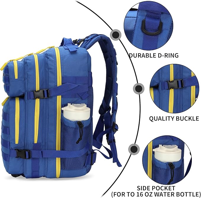 Lovelinks21 25L Tactical Military Backpack Small Travel Rucksack for Men and Women Assault Pack Bug Out Bag Molle Daypack Gym Backpack with Bottle Holder (Blue Yellow)