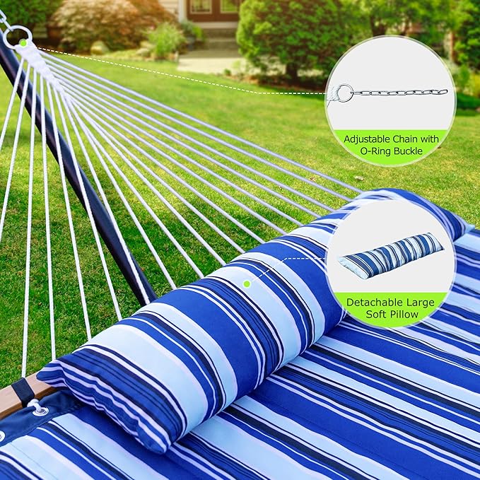ANAGOO Double Hammock with Stand Heavy Duty Outdoor Hammock for Two 500 LBS Capacity Stable Steel Frame with Balance Strap Easy Tool-Free Assembly for Patio Garden Backyard &amp BeachBlue