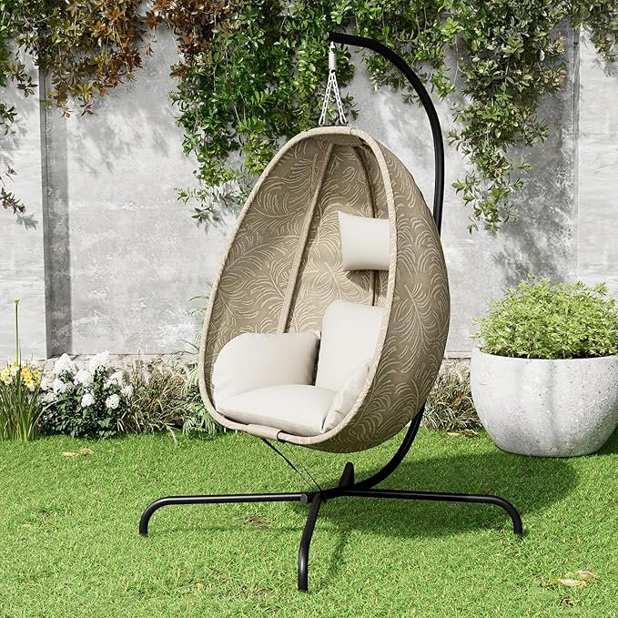 ALAULM Foldable Egg Chair with Stand 485LBS Capacity Textilene Hammock Swing Chair for Outdoor &amp Indoor Patio Hanging Chair with Strong Frame &amp UV Resistant Cushion for Balcony Bedroom Cre