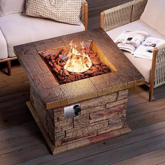 HOMPUS Outdoor Propane Fire Pit Table 32-inch Imitation Stone Square Concrete Propane Fire Pit with Lava Rocks and Rain Cover 50000 BTU Gas Smokeless Fire Pits for Outside PatioGarden CSA Certified