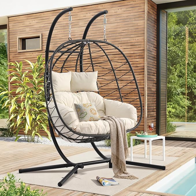 Double Egg Chair with Stand Foldable 2 Person Hanging Swing Chair with Cushion Wicker Rattan Hammock Swing Chair Indoor Outdoor Loveseat 650 LBS Capacity for Patio Bedroom Balcony Garden