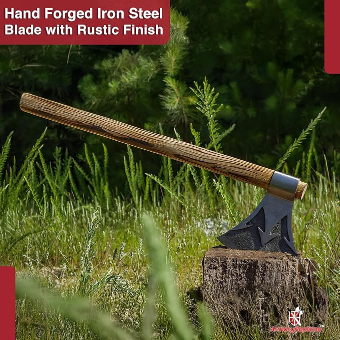 Armory Replicas™ Split Seas Outdoor Axe – 26 Handmade High Carbon Steel Axe with Sheesham Wood Handle – Trident Motif Functional Camping Tool or Decorative Display Piece