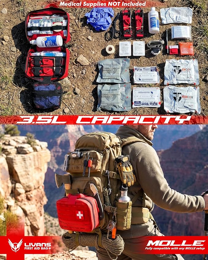 LIVANS Tactical Molle Medical Pouch - Upgraded Size Large Capacity IFAK Pouch with Detachable Quick Release and Headrest Mount Includes Flag and Cross Patch