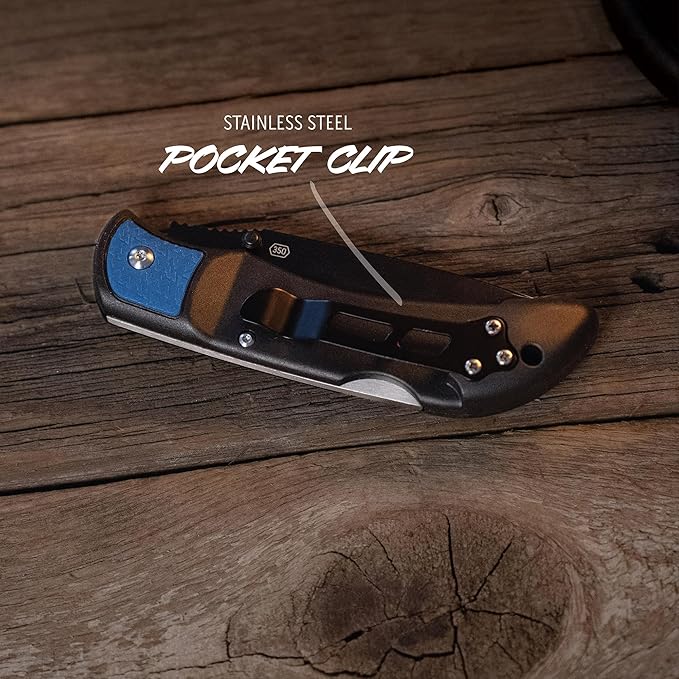 OUTDOOR EDGE 3.5 RazorLite EDC Knife. Pocket Knife with Replaceable Blades and Clip. Perfect For Hunting &amp Skinning Deer. Blue with 6 Blades