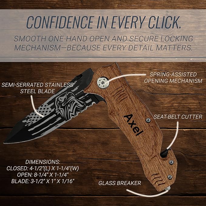 Personalized Pocket Knife for Men with Clip | Laser Engraved Patriotic Design Folding Utility Tactical Switchblade for Camping Hunting Rescue | Custom Birthday Gift for Dad Husband Groomsmen Gifts
