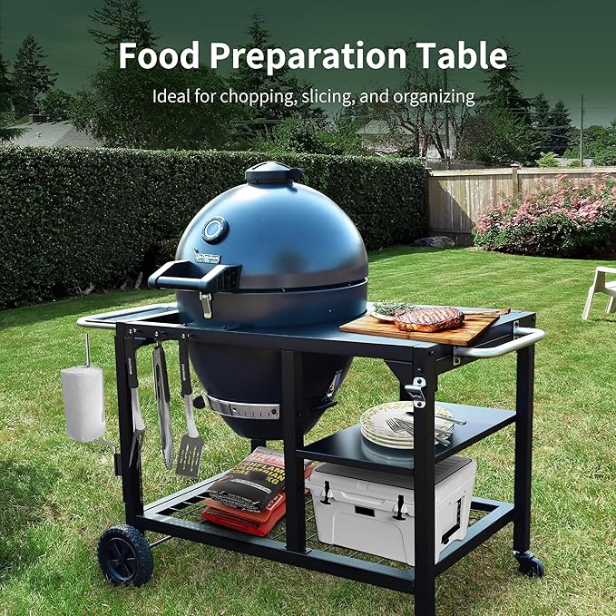 Brand-Man Charcoal Grill &amp Smoker Steel Kamado - 22 Cast Iron Grates Grilling Basket Large Prep Table Cart Ideal for Outdoor Cooking