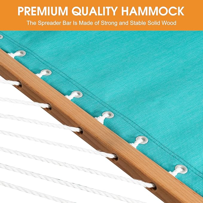 Lazy Daze Hammocks 11 FT Double Outside Hammock Quick Dry Olefin Fabric Hammock with Spreader Bar &amp Side Pocket for Outdoor Poolside Backyard 450 lbs Capacity Turquoise