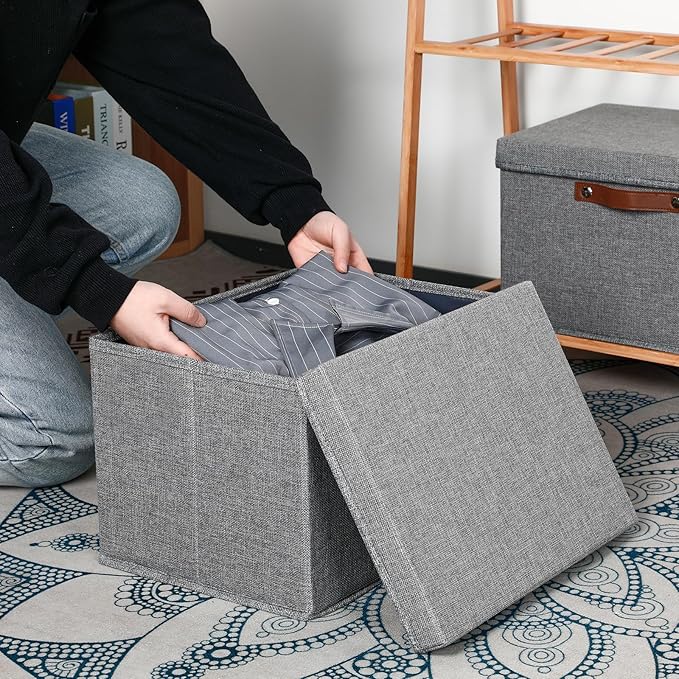 Temary Storage Bins with Lids 2-Pack Large Foldable Storage Baskets with Lid Fabric Storage Bin for Organizing Home (Grey 15x11x9.5inch)
