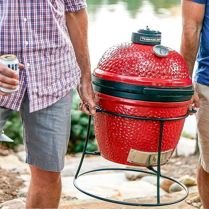 Kamado Joe Joe Jr 13.5-inch Portable Ceramic Charcoal Grill with Grill Stand Stainless Steel Cooking Grate Heat Deflectors and Ash Tool in Red Model KJ13RH