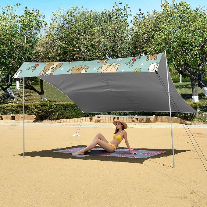 Christmas Dog Beach Canopy Sun Shelter with Sandbags &amp Sand Shovel &amp Windproof Ropes - Portable 110x126 Beach Shade Beach Tent for Camping Picnics