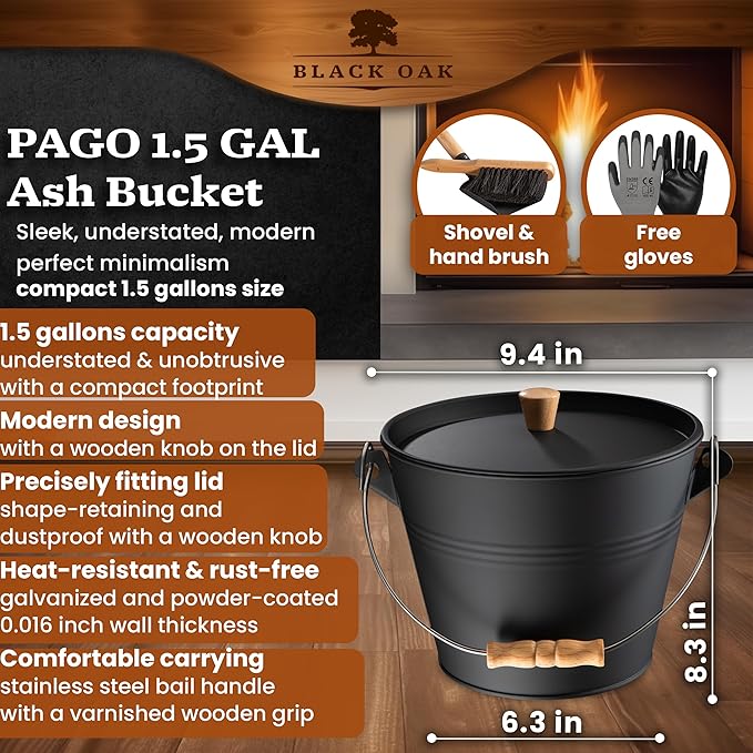 BLACK OAK Ash Bucket Pago 1.5 GAL - Black with lid with Wooden Handle + Brush + Shovel &amp Gloves - 5L Large Steel Fireproof Galvanized &amp Powder-Coated Bucket for ash Coal pellets Modern Desi