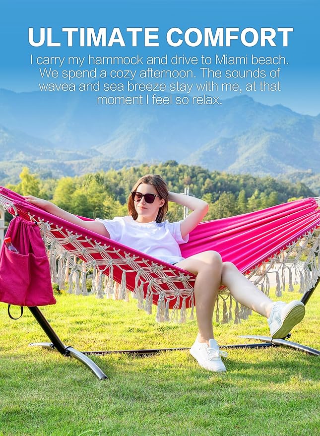 PNAEUT Handmade Tassel Hammocks Double Hammock with Stand for Outside Max 450 lbs Capacity Pillow &amp Storage Bag Included (Pink)