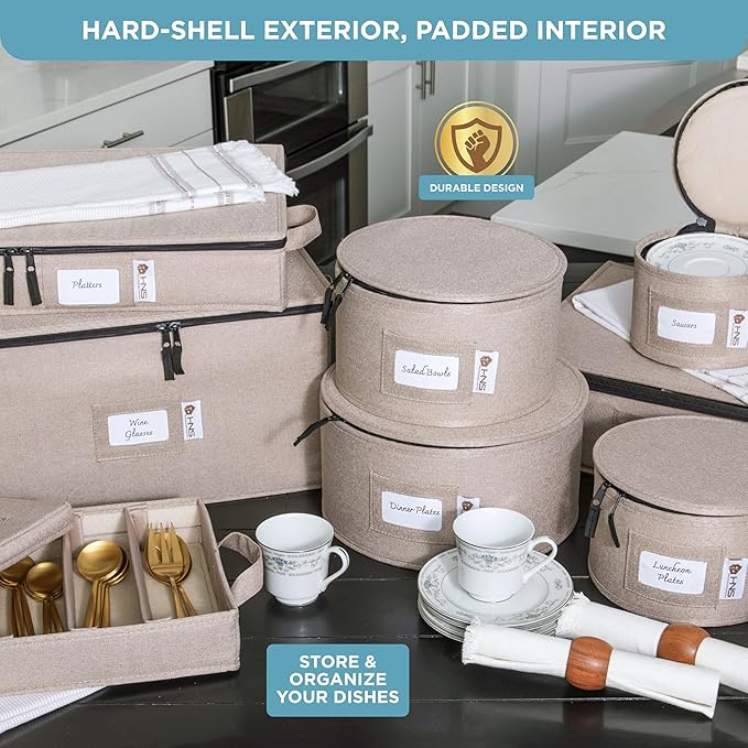 China Storage Hard Shell Containers 8-Piece Set Moving Boxes for Dinnerware Glasses Plates Mugs and Saucers Sturdy Dish Organizer with Dividers for Seasonal Storage - Service for 12 - Brown