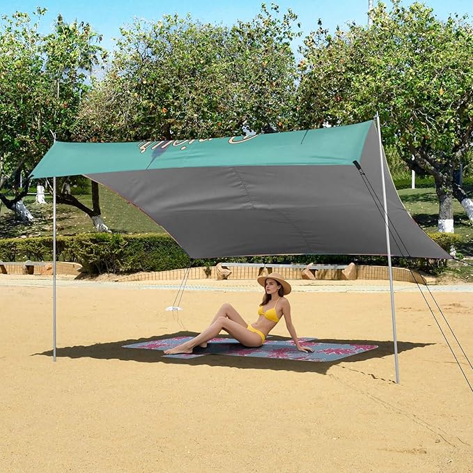 Eiffel Tower Beach Canopy Sun Shelter with Sandbags &amp Sand Shovel &amp Windproof Ropes - Portable 110x126 Beach Shade Beach Tent for Camping Picnics