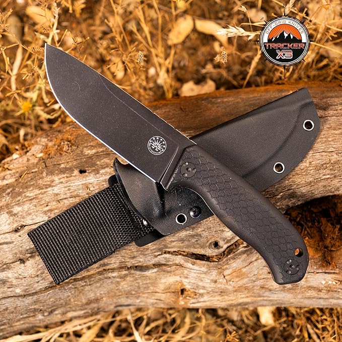 Off-Grid Knives - TRACKER-X3 Fixed Blade Knife Cryo D2 Blade Steel G10 Scales Kydex Sheath OG Lo-Pro Belt Attachment Camping Bushcraft Hunting Survival (Blackout)